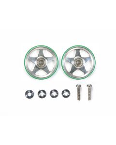 Mini 4WD GUP 19mm Aluminum Rollers (5 Spokes) with Plastic Rings (Green) (2 pieces) - Official Product Image