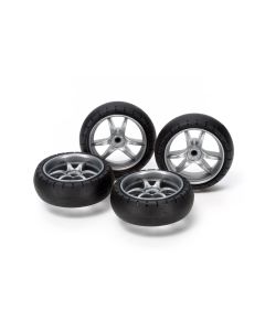 Mini 4WD GUP #491 Large Diameter V Spoke Narrow Wheels (with Arched Tires) - Official Product Image