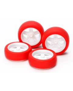 Mini 4WD GUP #504 Large Diameter 5 Spoke Wheels & Hard Red Slick Tires (for Super X/Super XX Chassis) - Official Product Image