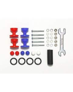 Mini 4WD GUP #525 Low Friction Plastic Double Rollers with Rubber Rings (Red & Blue, 13-12mm) - Official Product Image