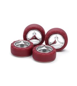 Mini 4WD GUP Low Friction Small Diameter Narrow Tires (24mm) & Silver Plated 3-Spoke Wheels