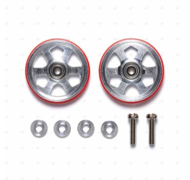 Mini 4WD GUP 19mm Aluminum Ball-Race Rollers (6 Spokes) with Plastic Rings (Red) (2 pieces)