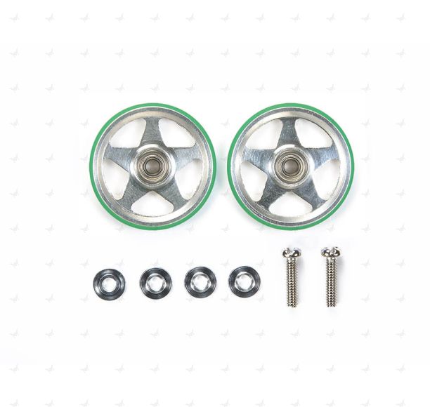 Mini 4WD GUP 19mm Aluminum Rollers (5 Spokes) with Plastic Rings (Green) (2 pieces)