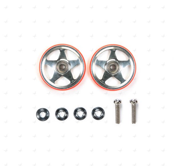 Mini 4WD GUP 19mm Aluminum Rollers (5 Spokes) with Plastic Rings (Red) (2 pieces)