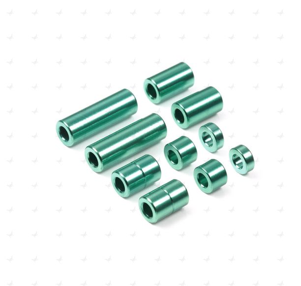 Mini 4WD GUP Aluminum Spacer Set Green (12/6.7/6/3/1.5mm, 2 pieces each)